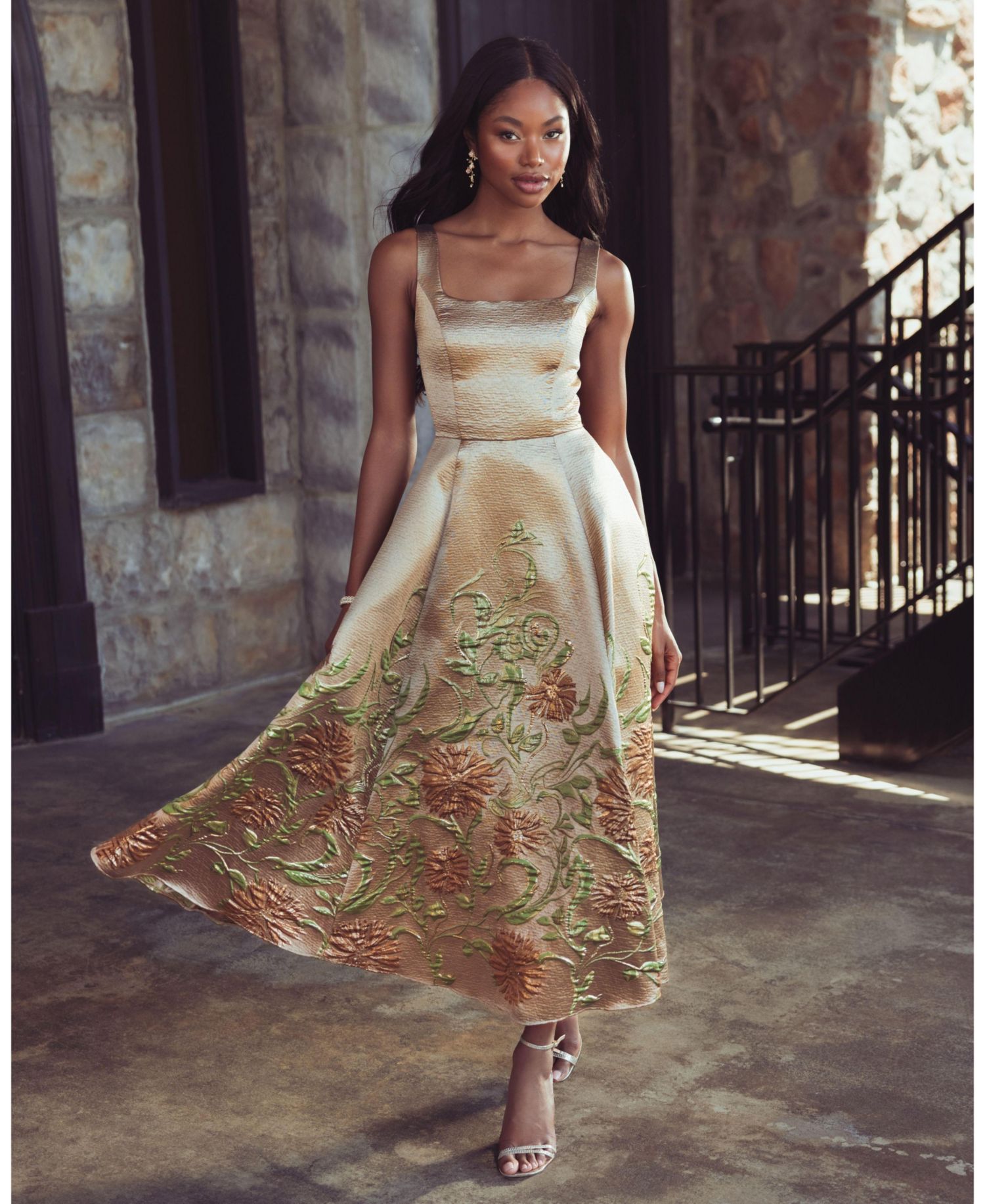 Women's Embroidered Floral A-Line Square Neck Midi Dress