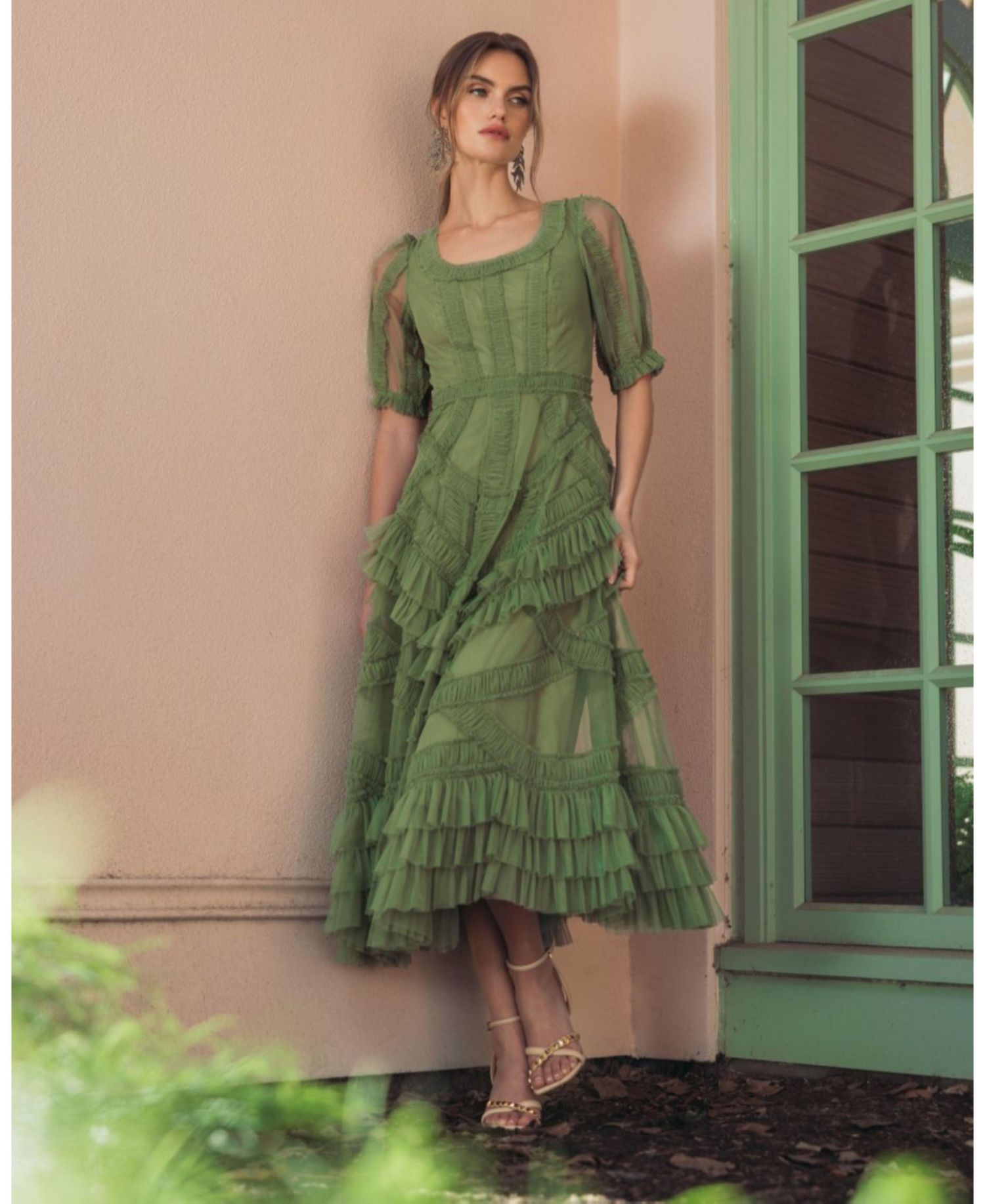 Women's Ruffle Scoop Neck Short-Sleeve Midi Dress