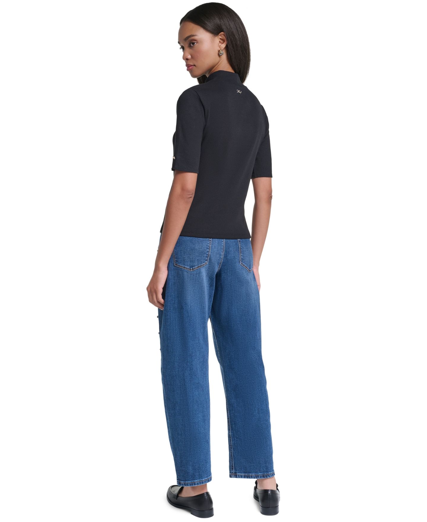 Женская блузка KARL LAGERFELD PARIS Mock Neck Short-Sleeve Keyhole, цвет: Чёрный — фото 6