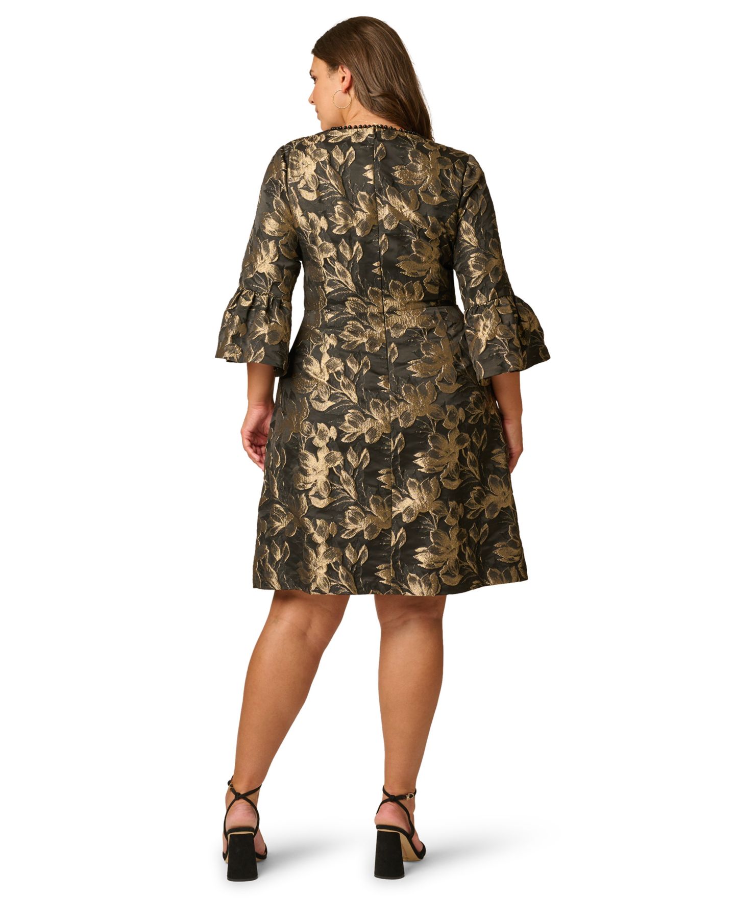 Женское платье Adrianna Papell Plus Size Floral-Print V-Neck 3/4-Sleeve, цвет: Чёрный / Золотой — фото 5