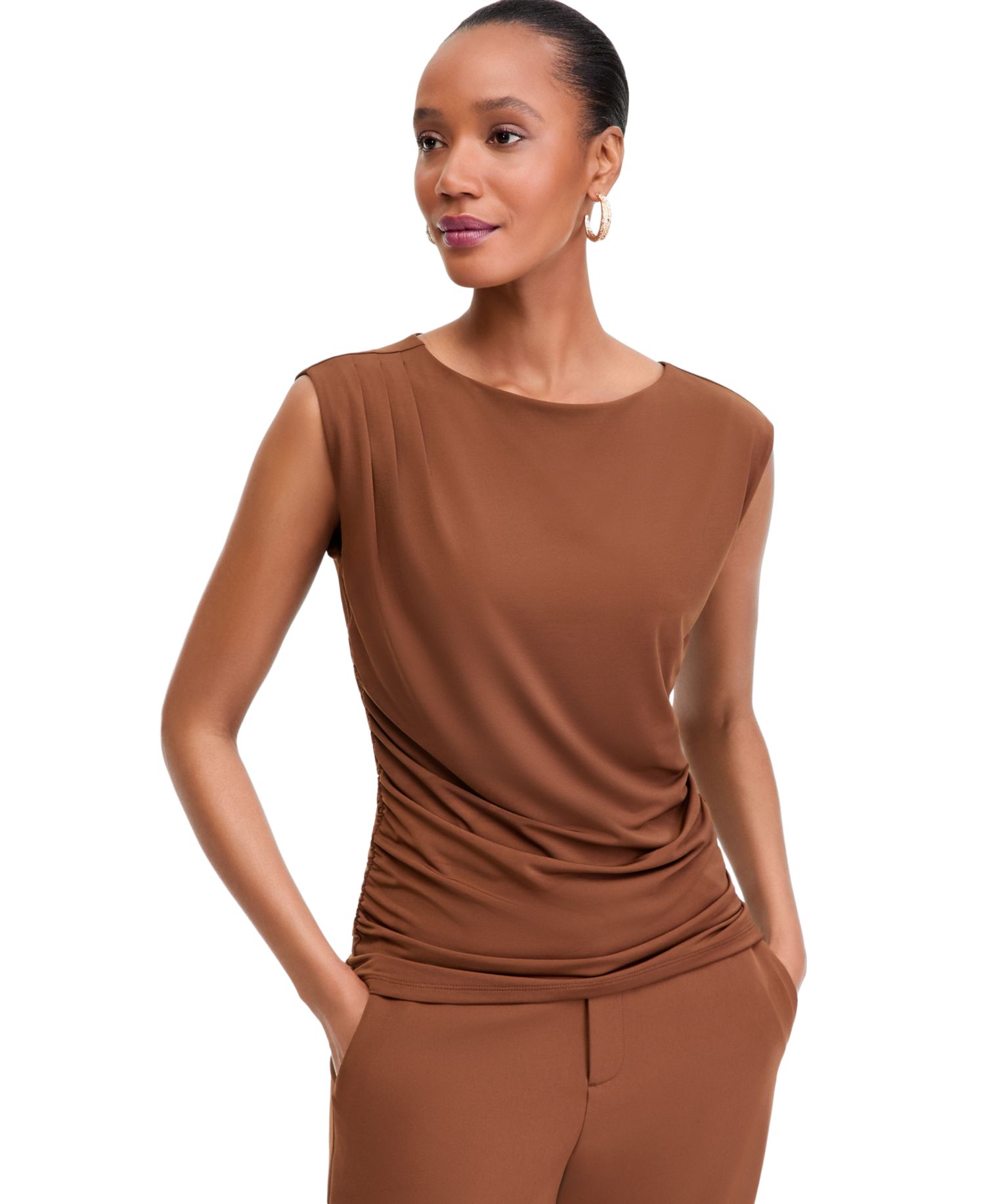 Women's Sleeveless Ruched Boatneck Knit Top