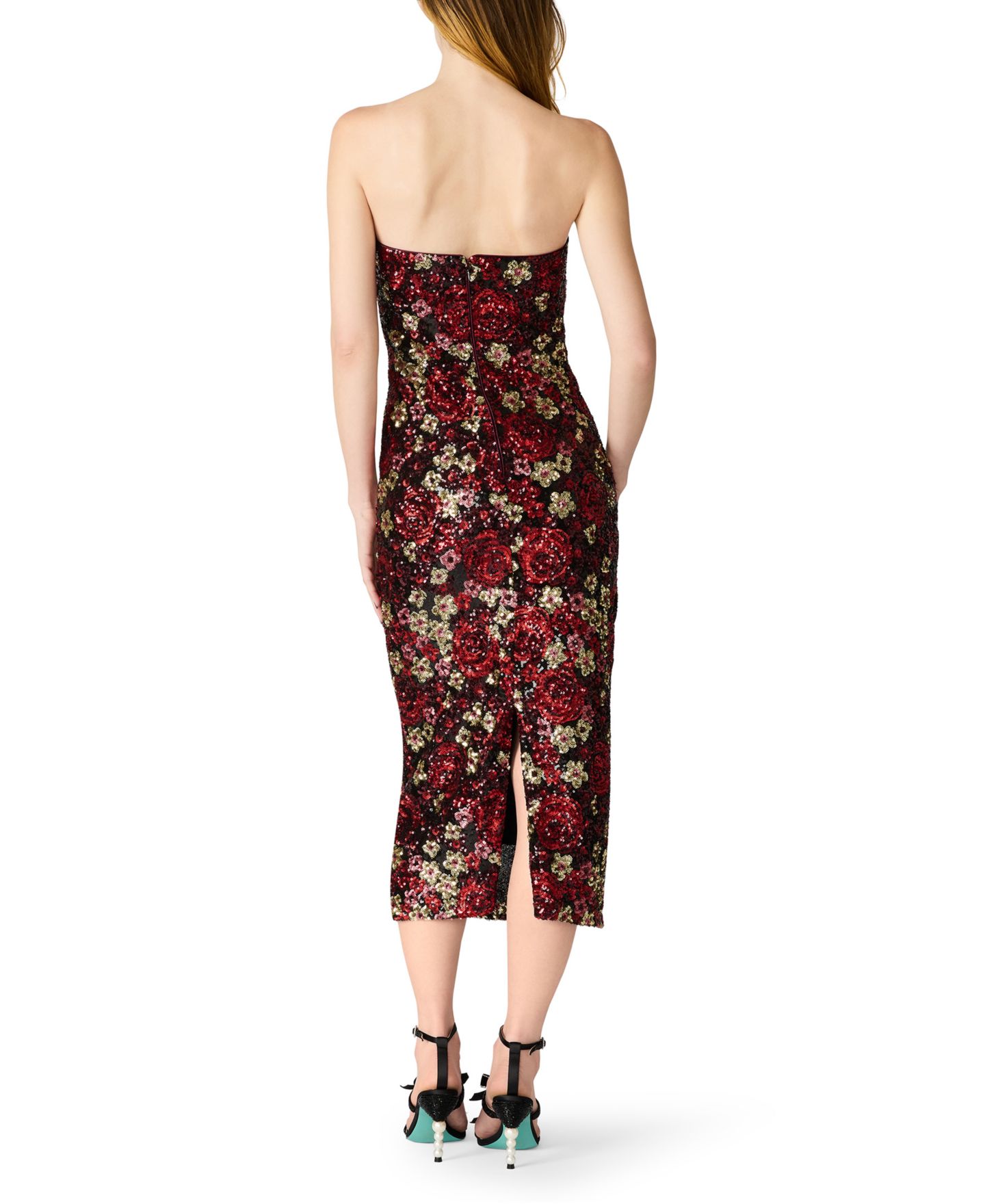 Женское платье Betsey Johnson Juniors' Tube Sequin Floral-Print Fitted Midi, цвет: Красный сливовый комбинированный — фото 4