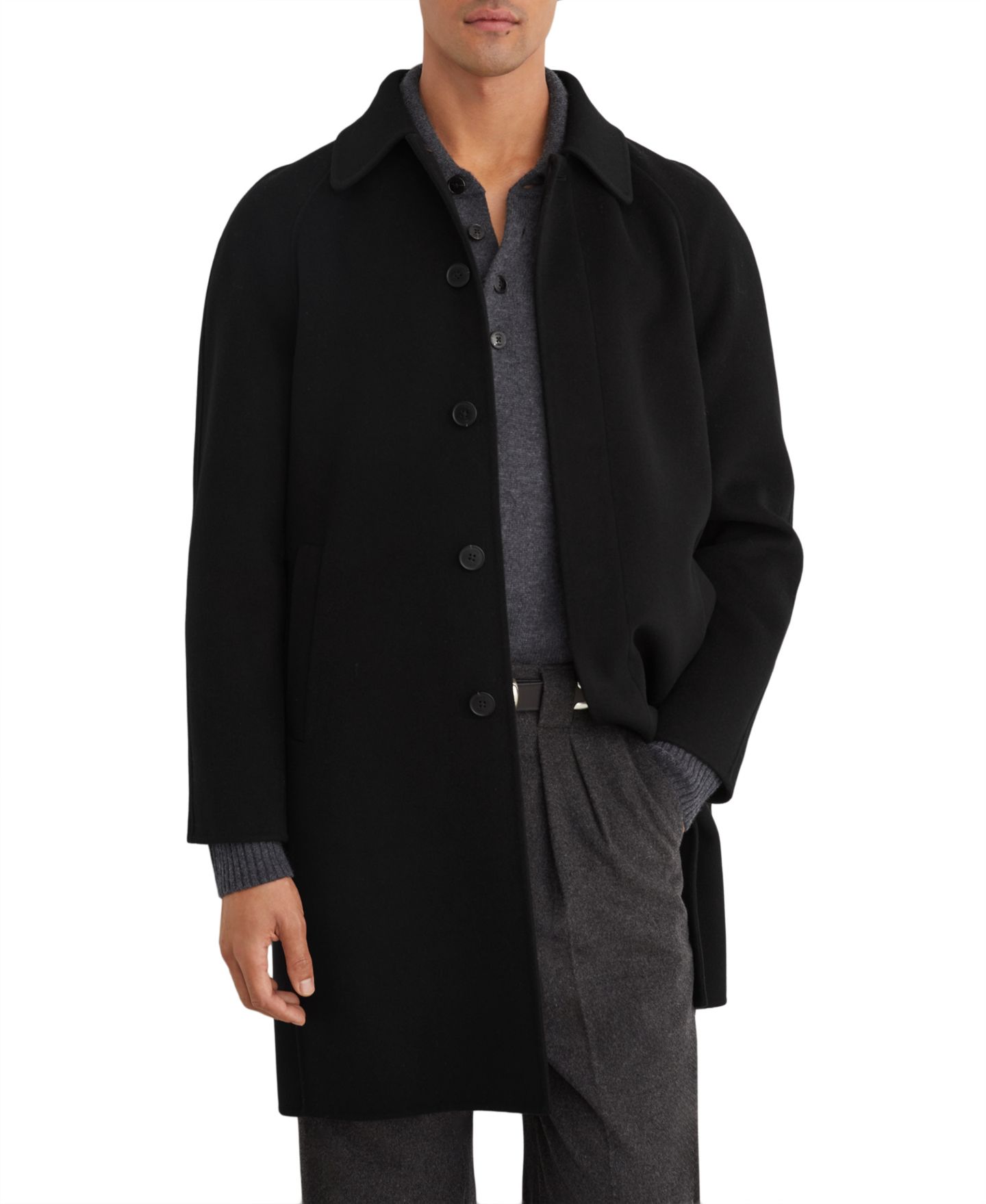 Мужское пальто REISS McCullough Wool-Blend Single-Breasted Raglan Sleeves Overcoat, цвет: Чёрный — фото 1