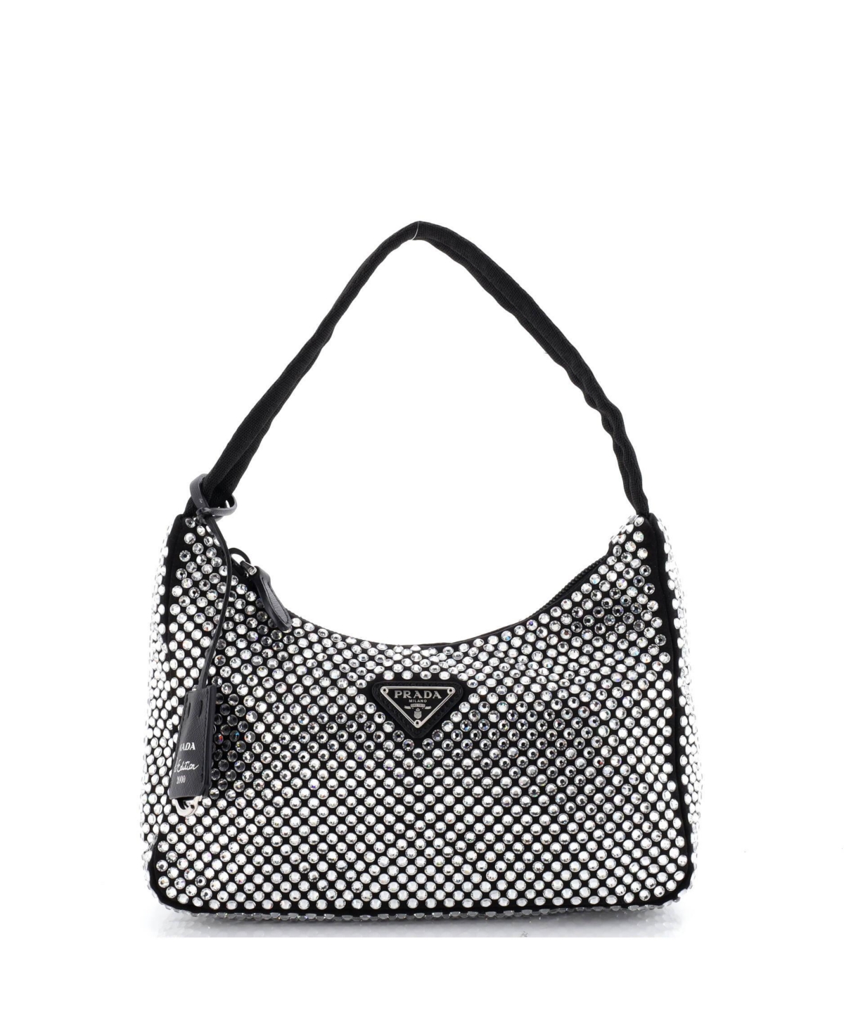 Pre-Owned Prada Mini Re-Edition 2000 Hobo Crystal Embellished Satin - Black