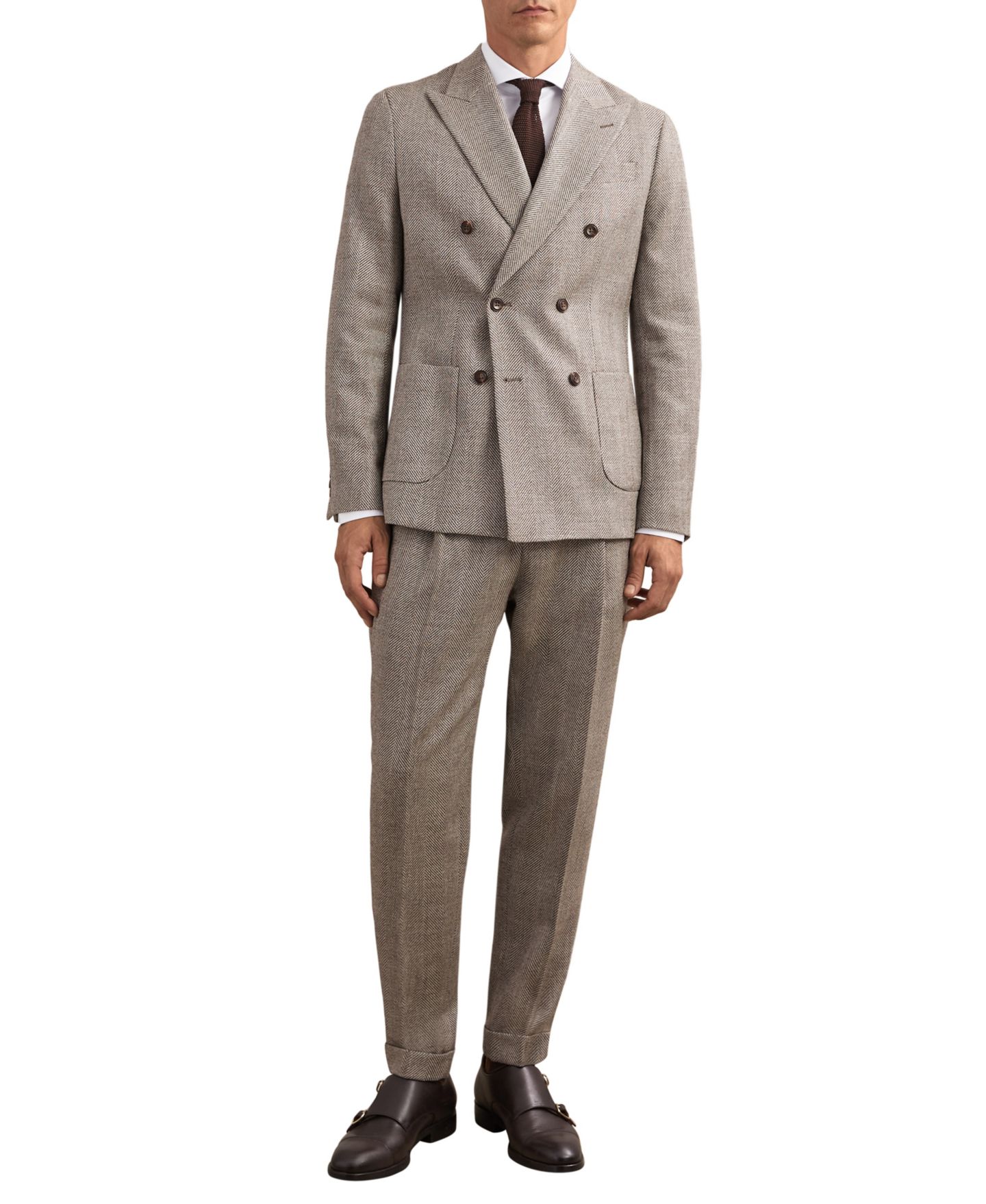 Мужской пиджак REISS Pinto Double-Breasted Herringbone Tailored-Fit Wool-Blend Blazer, цвет: Коричневый — фото 3