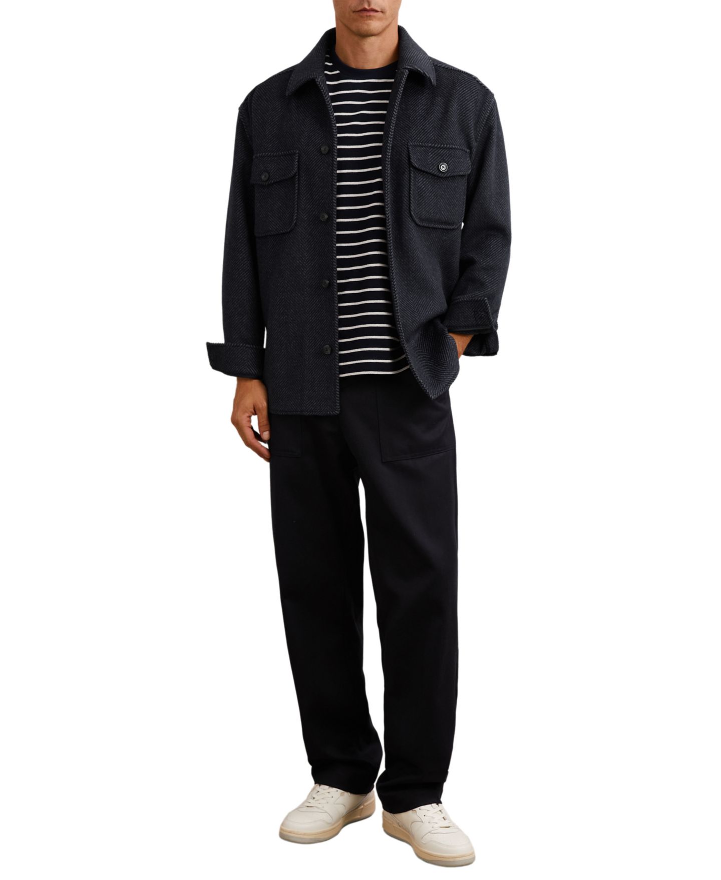 Мужская рубашка REISS Compton Wool-Blend Herringbone Overshirt, цвет: Тёмно-синий — фото 3