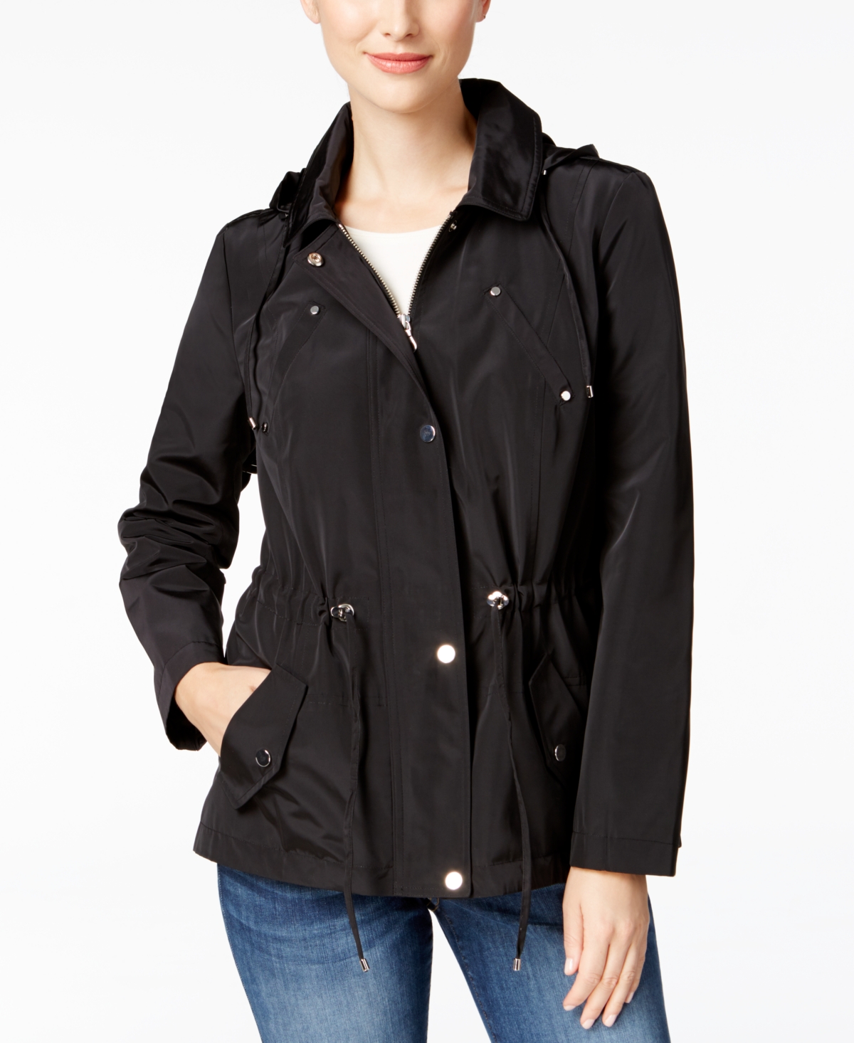 Petite Water-Resistant Hooded Anorak Jacket, Created for Macy's - Deep Black
