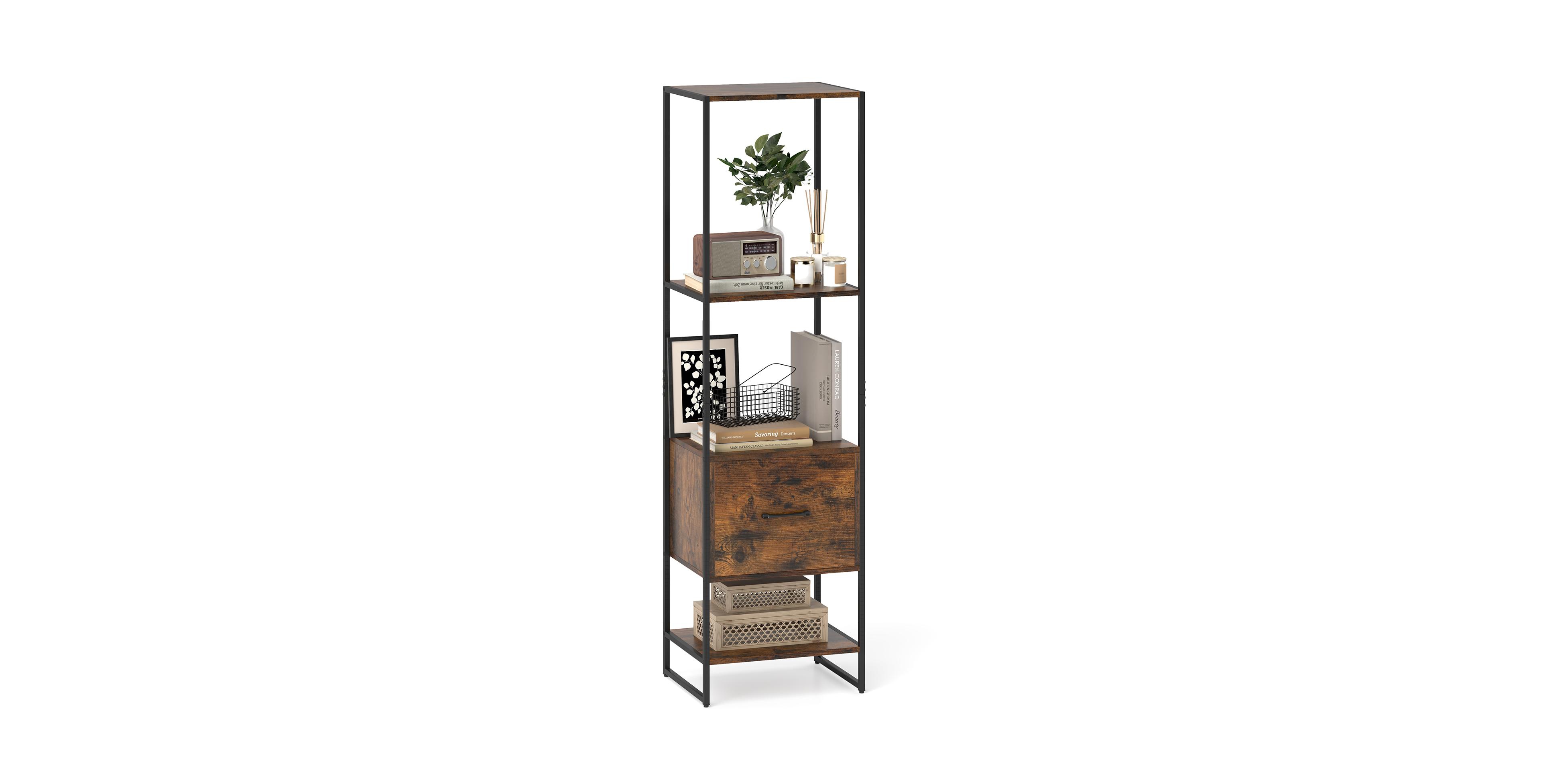 Mecale 5 Tier Narrow Bookcase with 4 Open Shelves and Storage Drawer