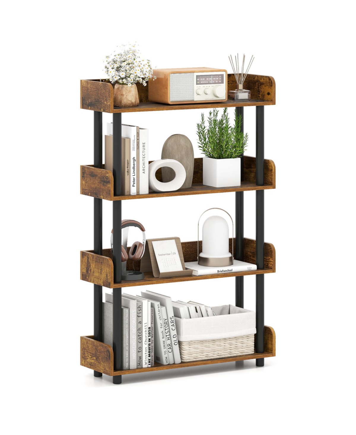 Mecale 48.5 Inch 4-Tier Engineered Wood Industrial Open Bookshelf with Anti-Falling Guardrails - Rustic brown