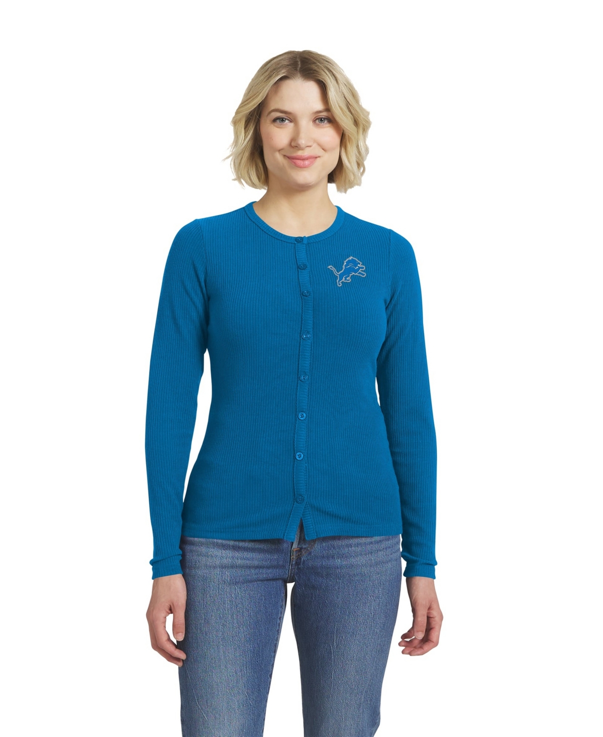 Women's WEAR by Erin Andrews  Blue Detroit Lions Ribbed Full-Button Cardigan Sweater