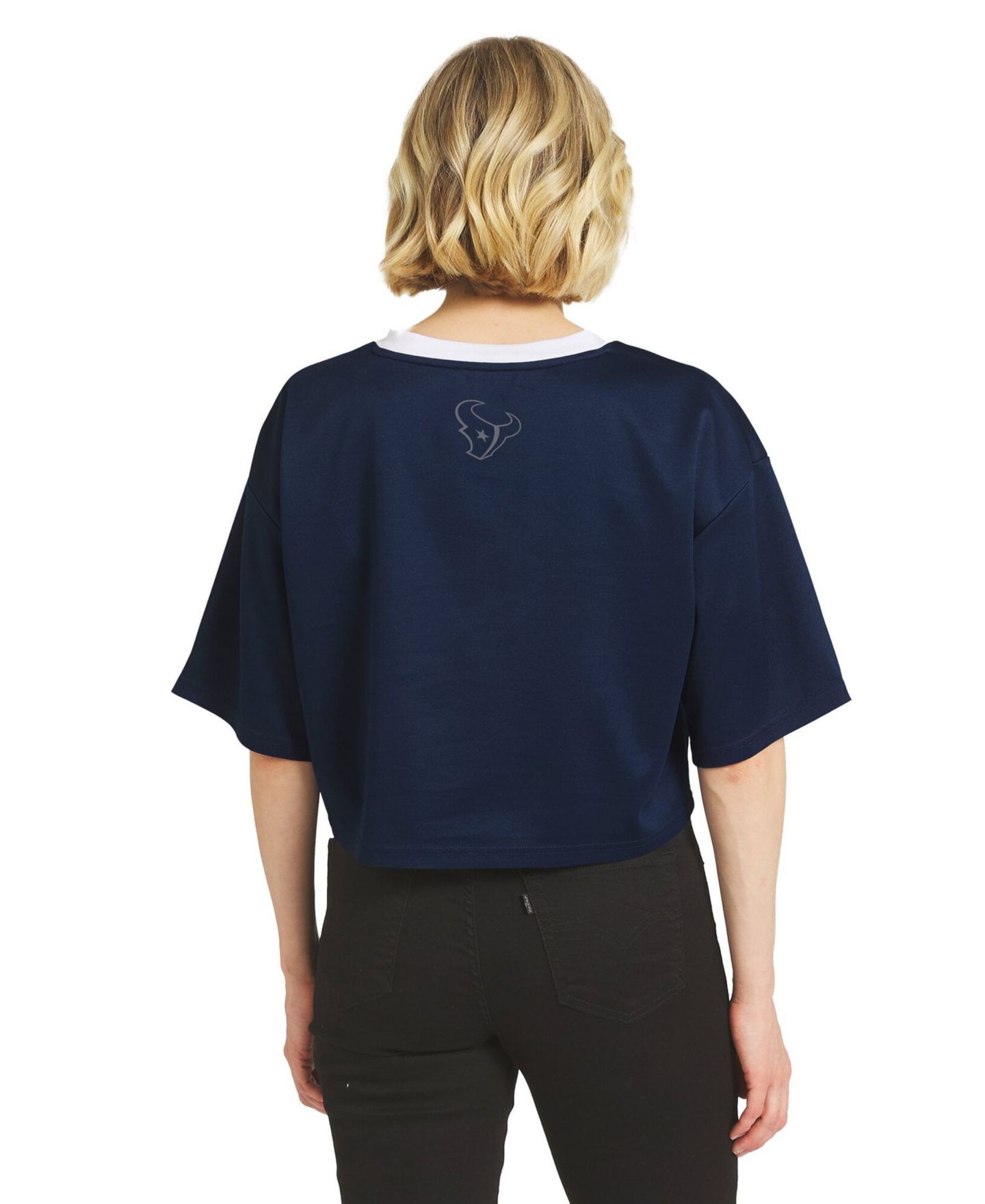 Женская футболка WEAR by Erin Andrews Navy Houston Texans Cropped V-Neck Jersey — фото 2