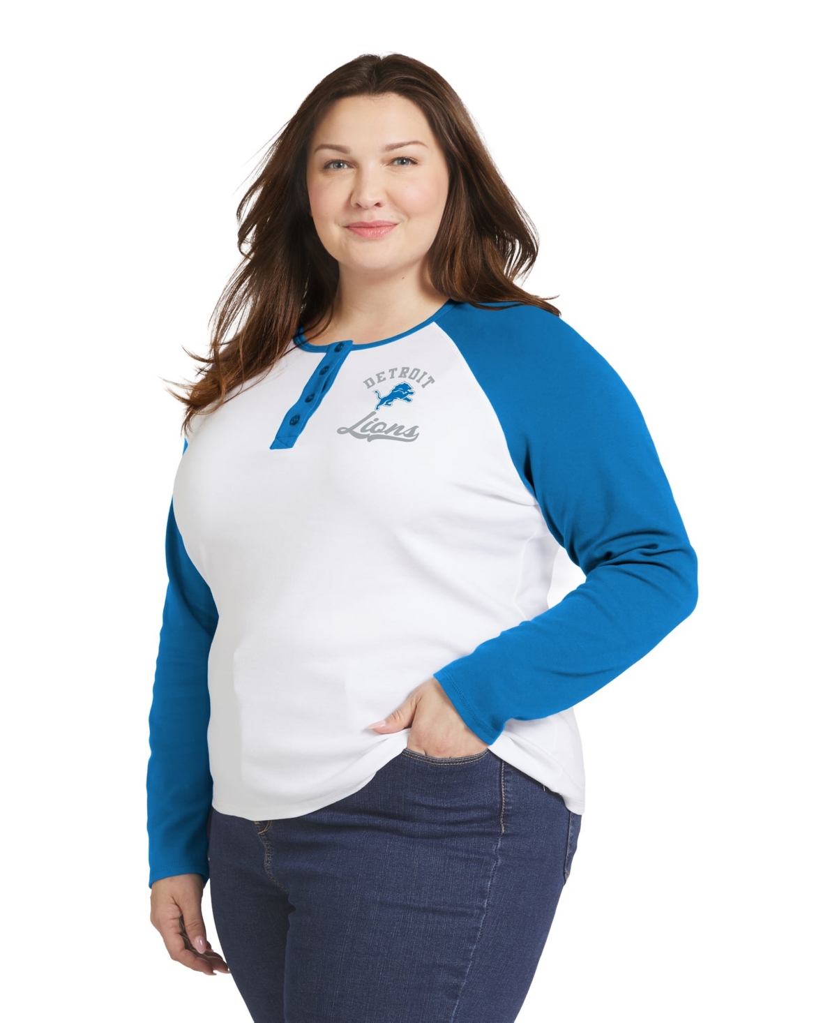 Women's WEAR by Erin Andrews  White/Blue Detroit Lions Plus Size Henley Long Sleeve Raglan T-Shirt