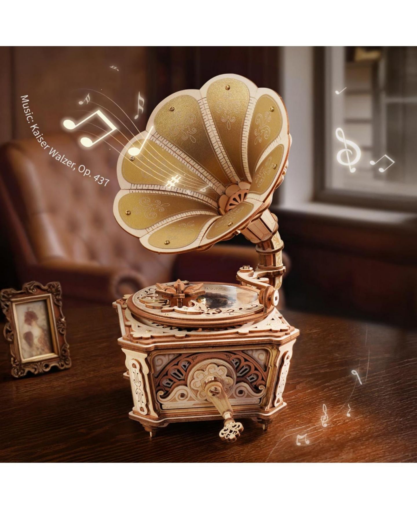 Детские конструкторы Robotime Vintage Gramophone 200-Piece 3D Wooden Puzzle Mechanical Music Box, Ages 14+ — фото 2
