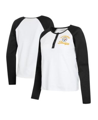 Women's  White/Black Pittsburgh Steelers Plus Size Henley Long Sleeve Raglan T-Shirt