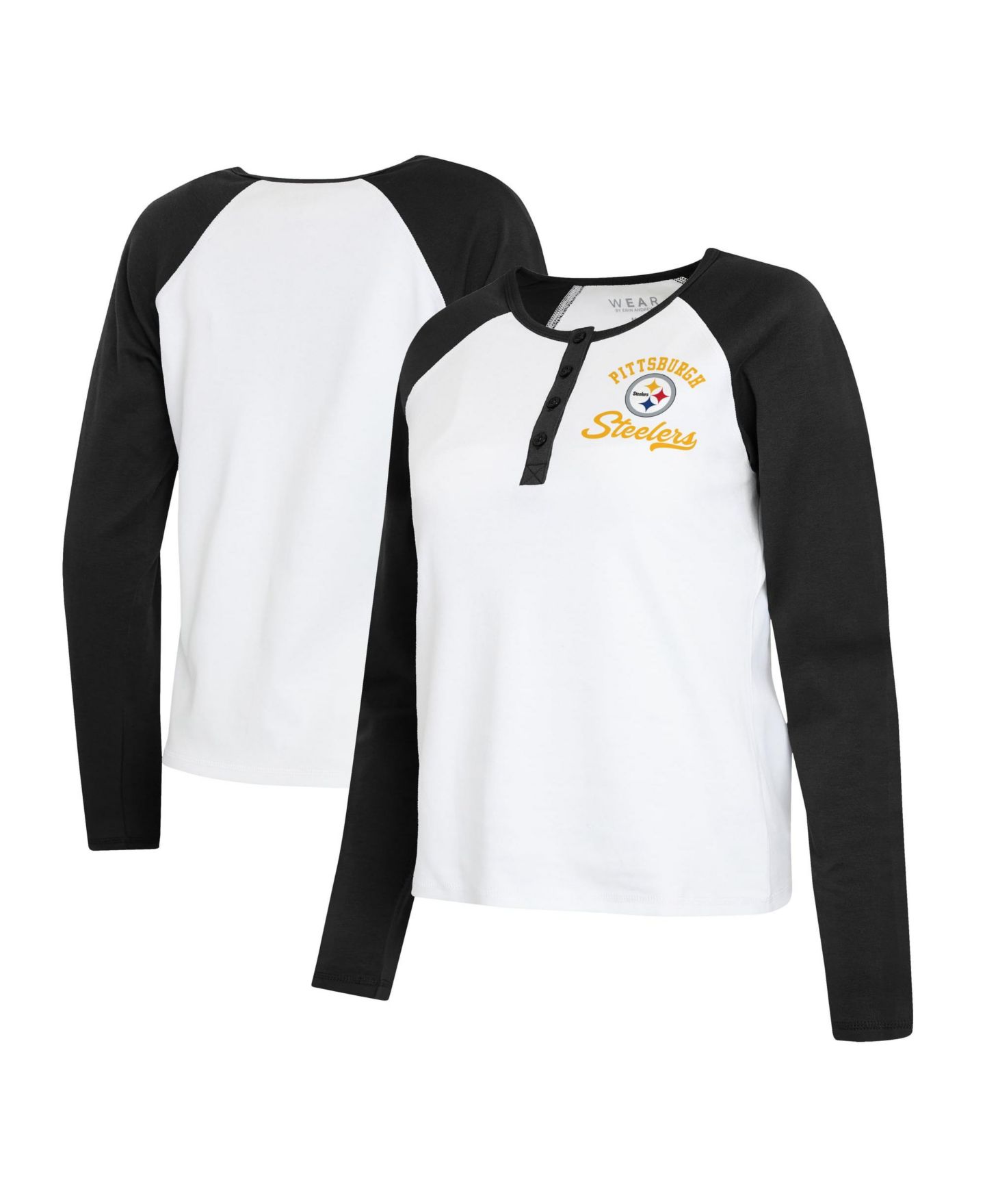 Женская футболка WEAR by Erin Andrews White/Black Pittsburgh Steelers Plus Size Henley Long Sleeve Raglan — фото 1
