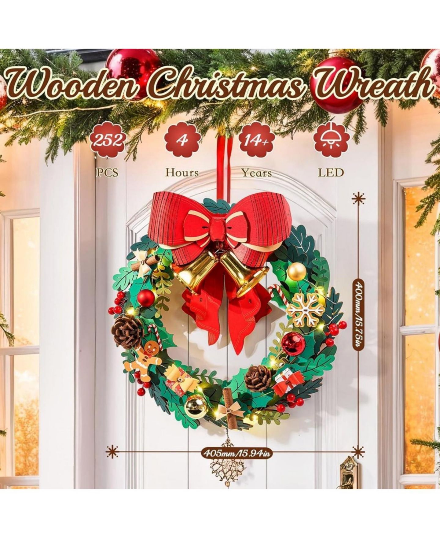 Детский пазл Robotime Christmas Wreath LED Lights 3D Wooden Puzzle, 252-Piece, от 14 лет — фото 5