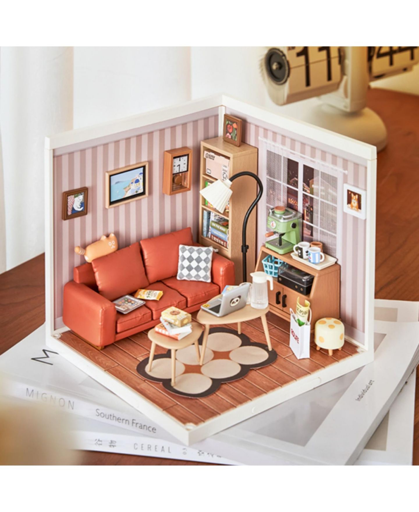 Детские аксессуары для кукол Robotime Cozy Living Lounge Wood Miniature Dollhouse Kit with Detailed Interior, Ages 14+ — фото 3