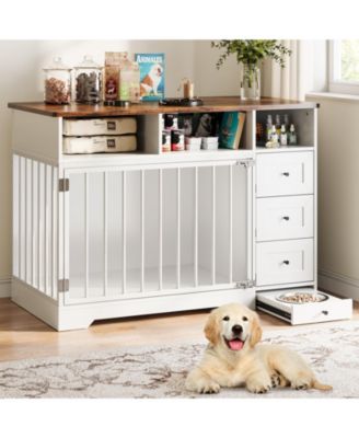 48'' Dog Crate Furniture End Table with Storage Drawers and Built-in Dog Bowl - Multi-Functional Wooden Kennel Sofa for Medium and Small Dogs