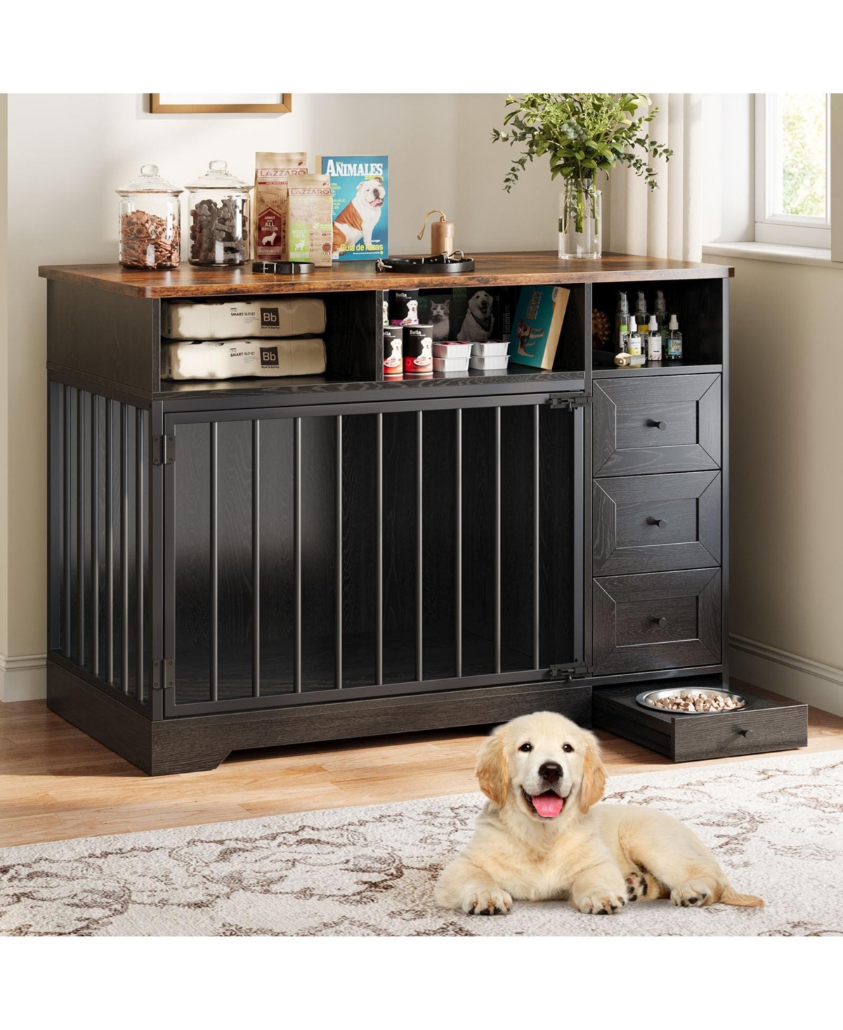 Lalfpet 48'' Dog Crate Furniture End Table with Storage Drawers and Built-in Bowl