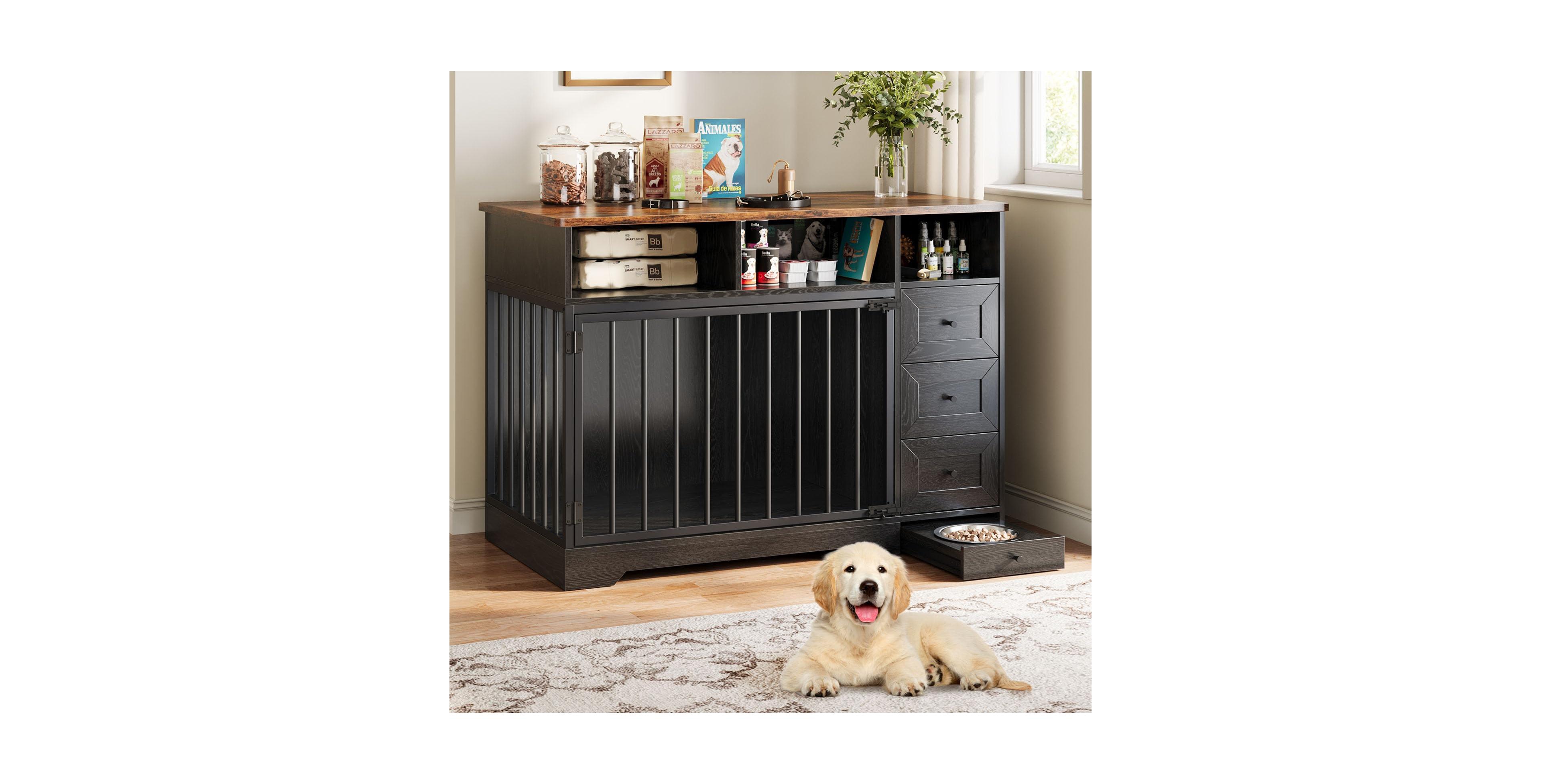 Lalfpet 48'' Dog Crate Furniture End Table with Storage Drawers and Built-in Bowl