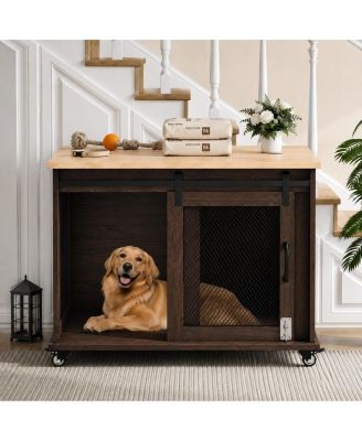 37" Farmhouse Dog Crate Furniture with Sliding Barn Door and Flip-Up Top, Rolling Wooden Dog Kennel End Table with Divider, Brown