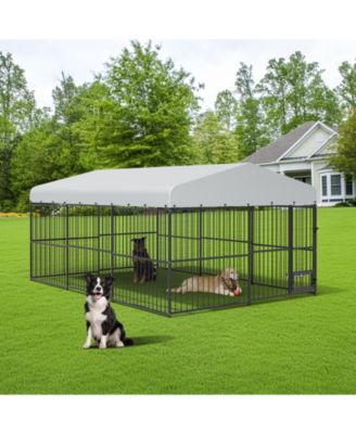 Outdoor Dog Kennel, Large Enclosure with Waterproof Cover and Feeding Doors, for Garden Backyard, 10x15x7 FT