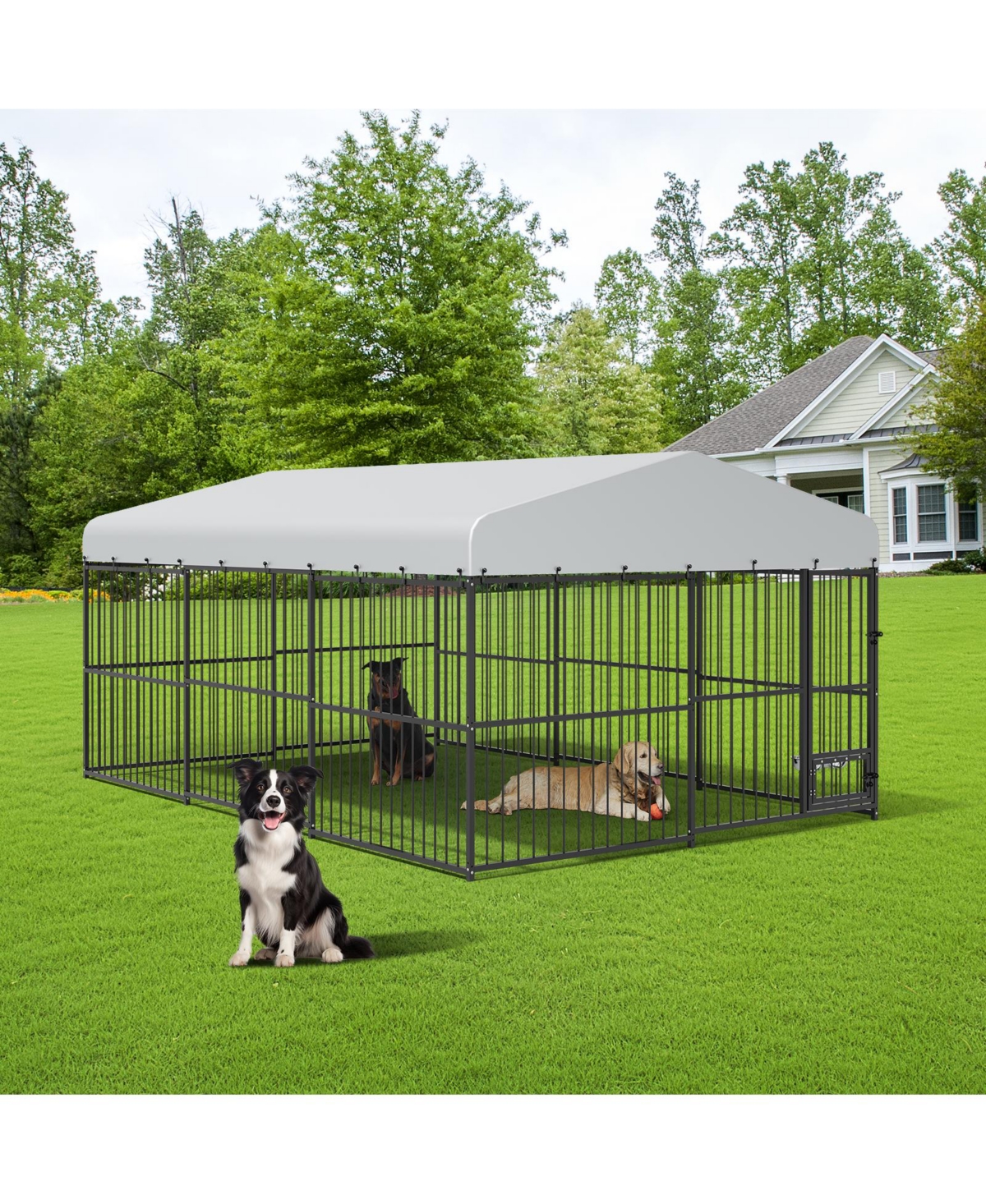 Outdoor Dog Kennel, Large Enclosure with Waterproof Cover and Feeding Doors, for Garden Backyard, 10x15x7 Ft