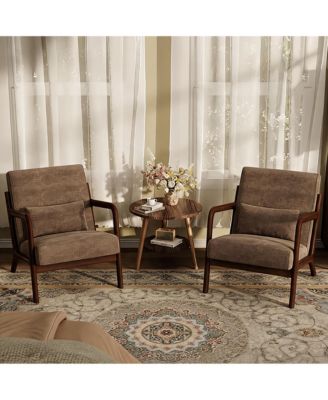 Mid Century Accent Chair Set of 2, Solid Wood Armchair with Lumbar Pillow