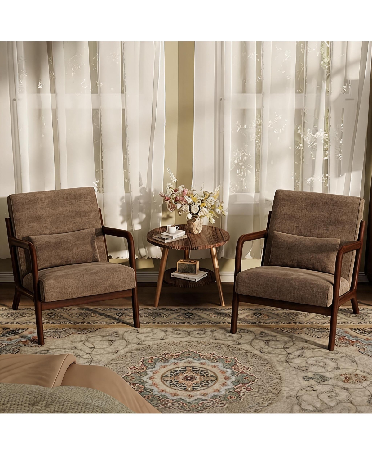 homfan Mid Century Accent Chair Set of 2, Solid Wood Armchair with Lumbar Pillow