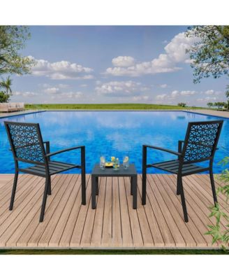 3-Piece Metal Patio Bistro Set with 2 Stackable Armchairs and 1 Side Table, Geometric Back Outdoor Dining Set for Balcony Garden
