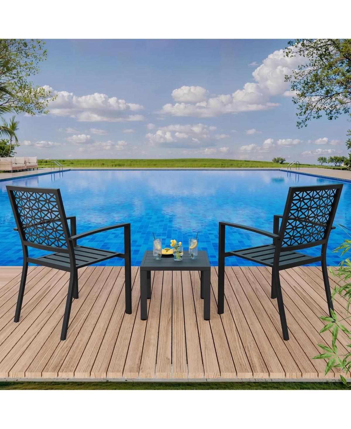 homfan 3-Piece Metal Patio Bistro Set with 2 Stackable Armchairs and 1 Side Table, Geometric Back Outdoor Dining for Balcony Garden