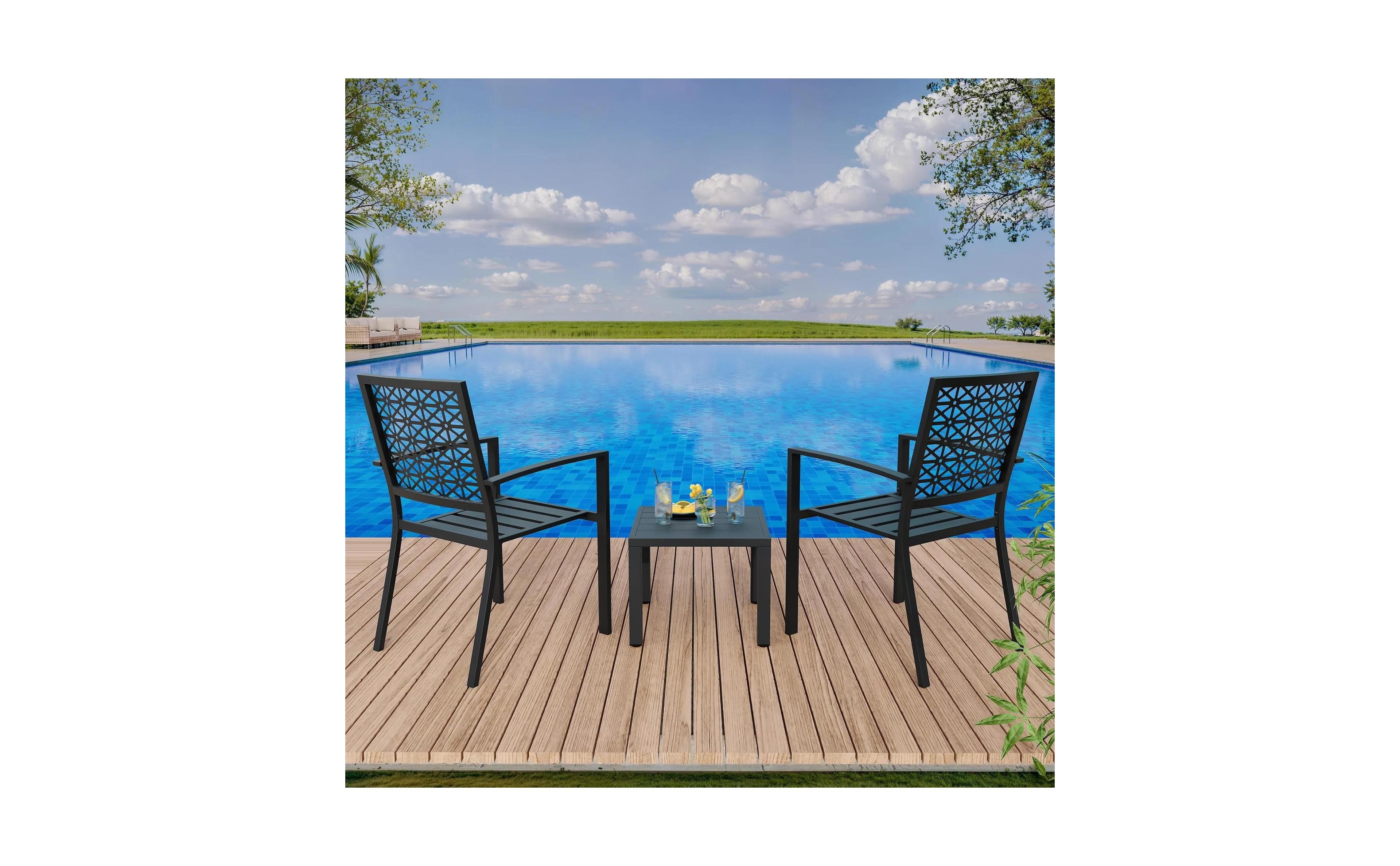 homfan 3-Piece Metal Patio Bistro Set with 2 Stackable Armchairs and 1 Side Table, Geometric Back Outdoor Dining for Balcony Garden