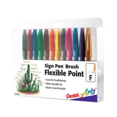 Arts Sign Pen Brush Tip, Assorted Ink Colors, 12-Pk Plastic Box