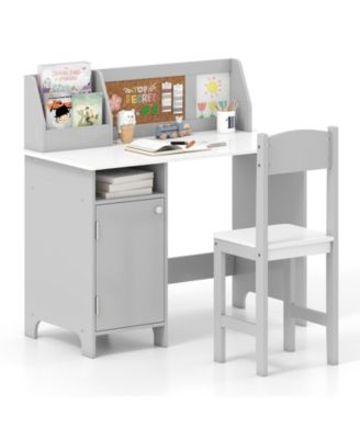 Kids Study Desk with Chair Whiteboard Marker Hutch Storage Cabinet