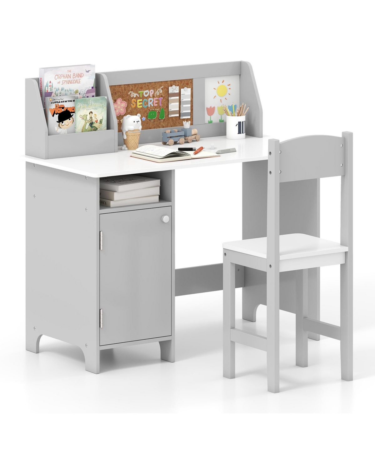 Gymax Kids Study Desk with Chair Whiteboard Marker Hutch Storage Cabinet - Grey