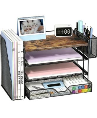 4 Tier Desktop File Organizer With Drawer Pen Holders Office Supply Sorters Workspace Organizer