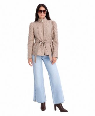 Women's Quilted Peplum Jacket With Self-Tie Waist And Stand Collar