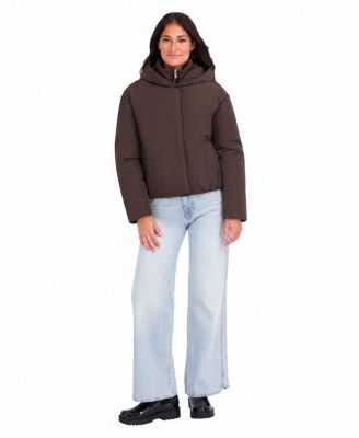 Women's Memory Fabric Puffer Jacket With Attached Hood And Stand Collar