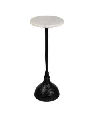 Ava 23.75" Art Deco Contemporary Metal Pedestal Drink Table and Decorative End Table with White Marble Round Top and Hammered Base