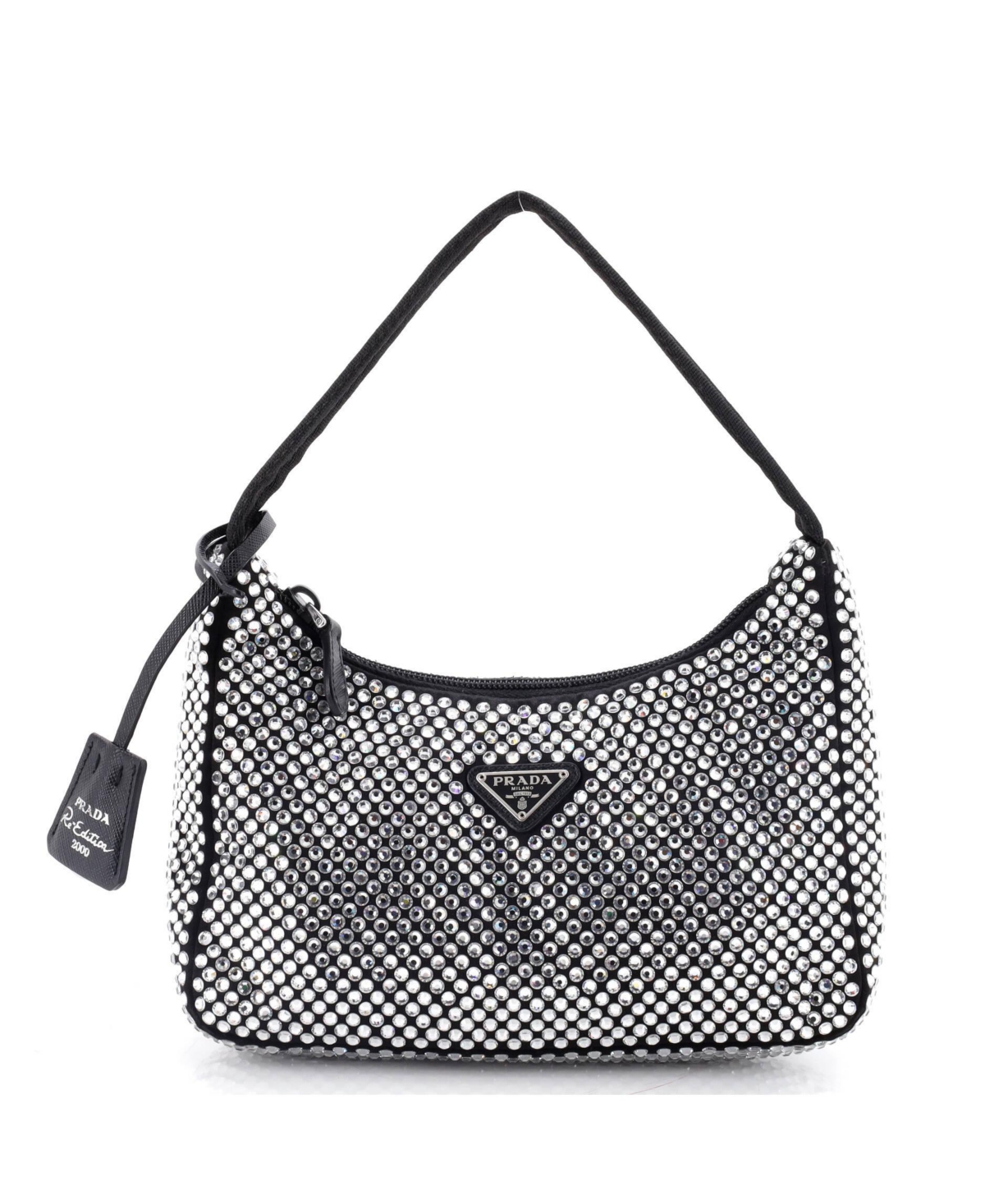Pre-Owned Prada Mini Re-Edition 2000 Hobo Crystal Embellished Satin - Black