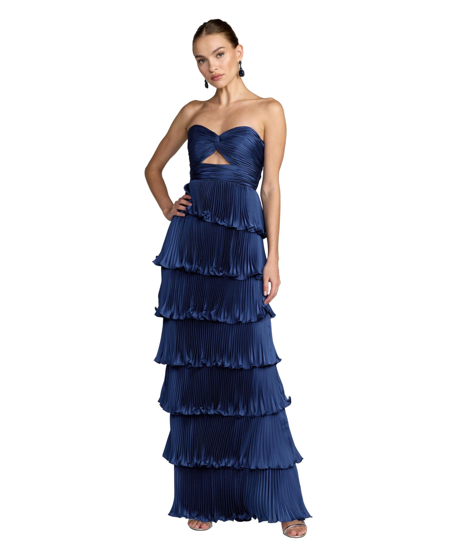 Petite Pleated Charmeuse Strapless Tiered Ruffle Gown
