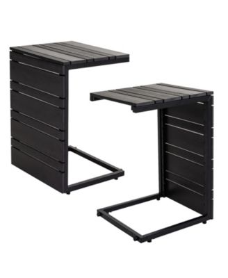 Set of 2 C-Shaped Metal Space-Saving Indoor Outdoor Accent Tables with Wood-Plastic Top