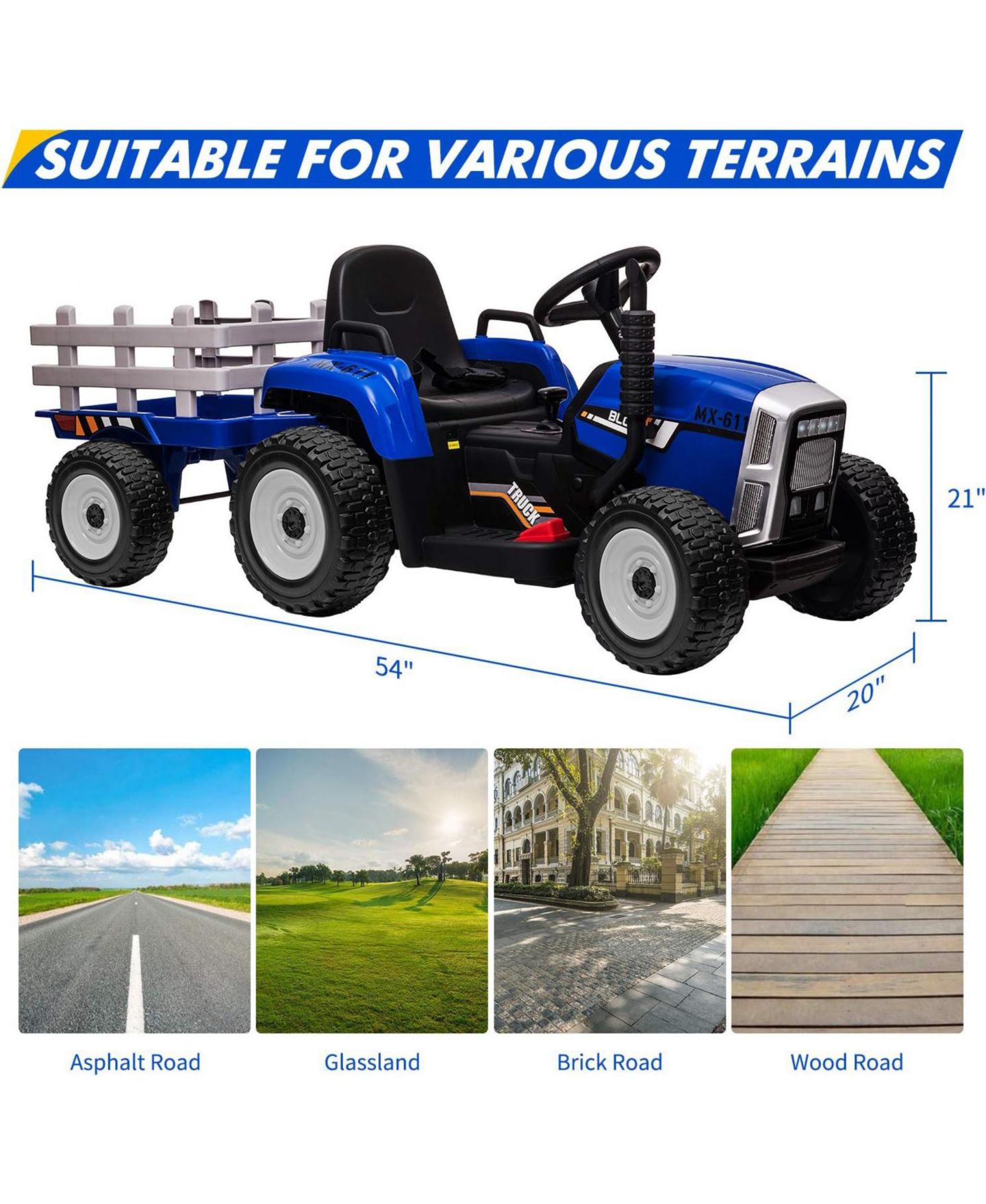 Детская игрушка homfan 54" L x 20" W x 21" H Battery-Powered Remote Control Detachable Trailer Ride-On Tractor, от 3 лет, цвет: Синий — фото 6