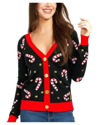 Women's Sequin Candy Cane Button-Front Christmas V-Neck Cardigan