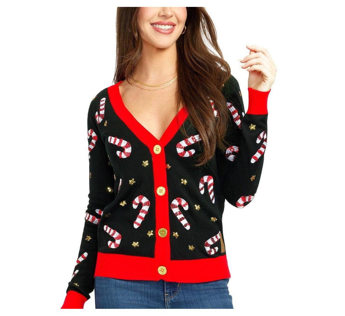 Tipsy Elves Women's Sequin Candy Cane Button-Front Christmas V-Neck Cardigan