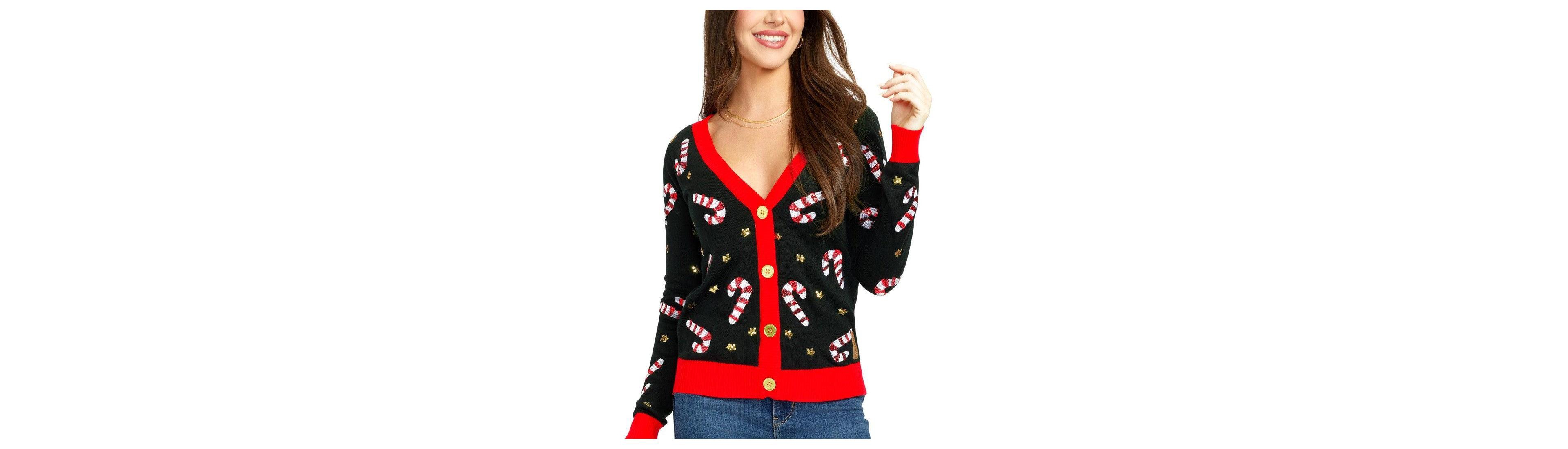 Tipsy Elves Women's Sequin Candy Cane Button-Front Christmas V-Neck Cardigan