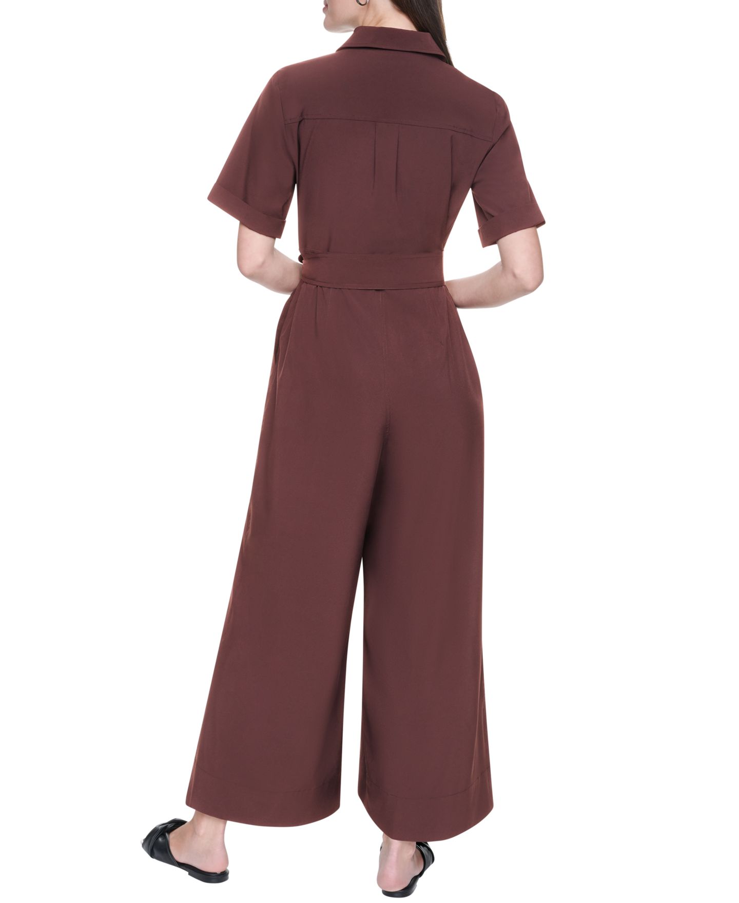 Женский комбинезон DKNY с широкими брюками, воротником и короткими рукавами, для невысоких, цвет: Java — фото 5
