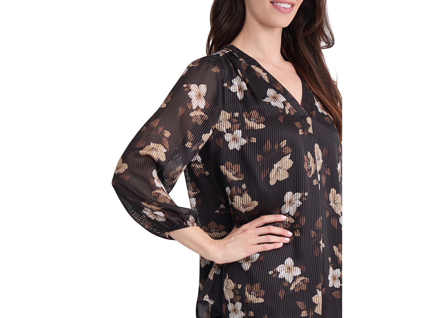 Женский топ Jones New York Floral-Print V-Neck 3/4-Sleeve Tunic Top, цвет: Чёрный разноцветный — фото 3