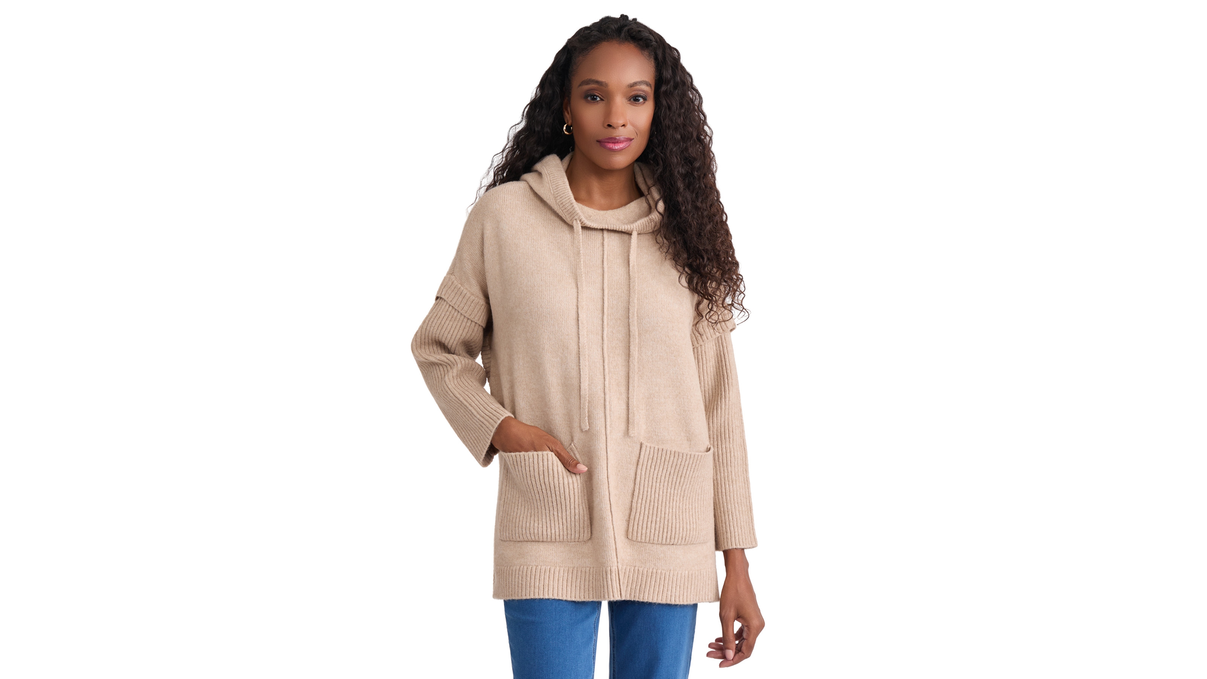 Jones New York Women's Drawstring Hooded Poncho with Pockets