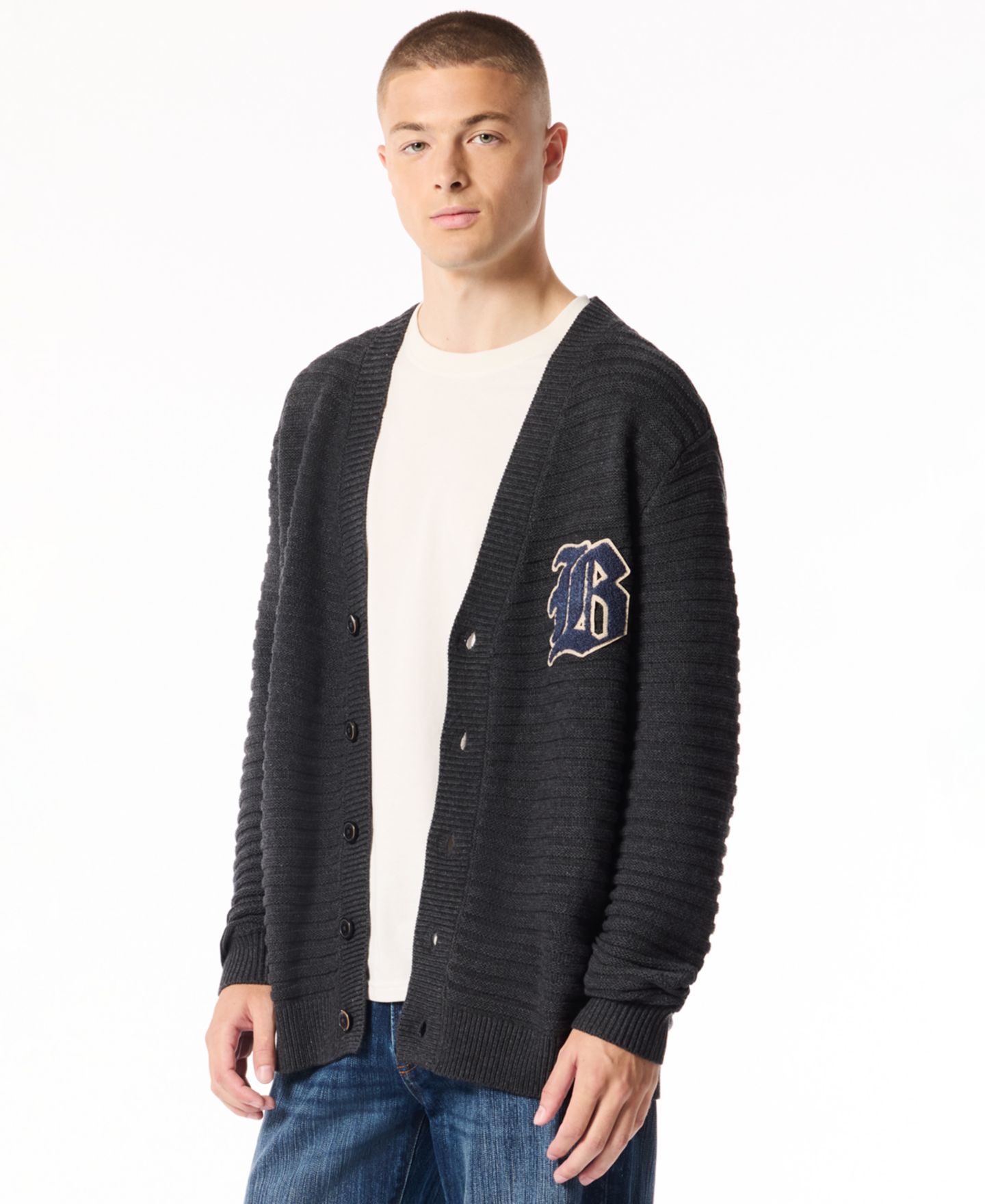 Мужской кардиган Buffalo David Bitton Woodz Varsity с V-образным вырезом, цвет: Меланжевый угольный — фото 3
